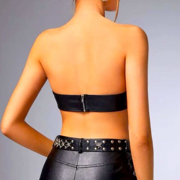 Mob Wives Western Vegan Leather Black Asymmetrical Hem Tube Crop Top - Picture 5 of 9